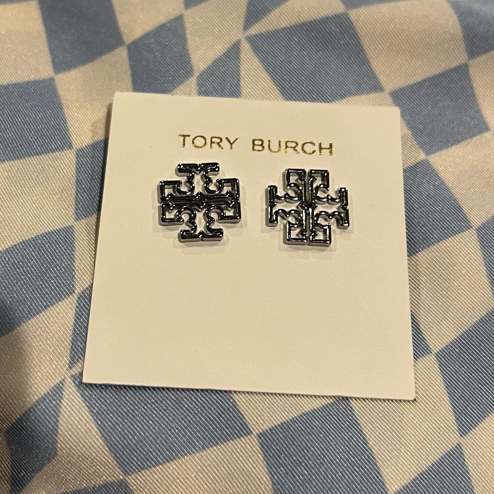 Tory Burch Britten Logo Stud Earrings silver